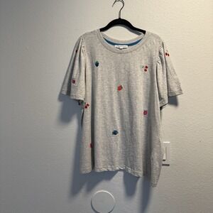 Fruit Embroidered Heather Grey Short Sleeve T Shirt Casual Top Size XL